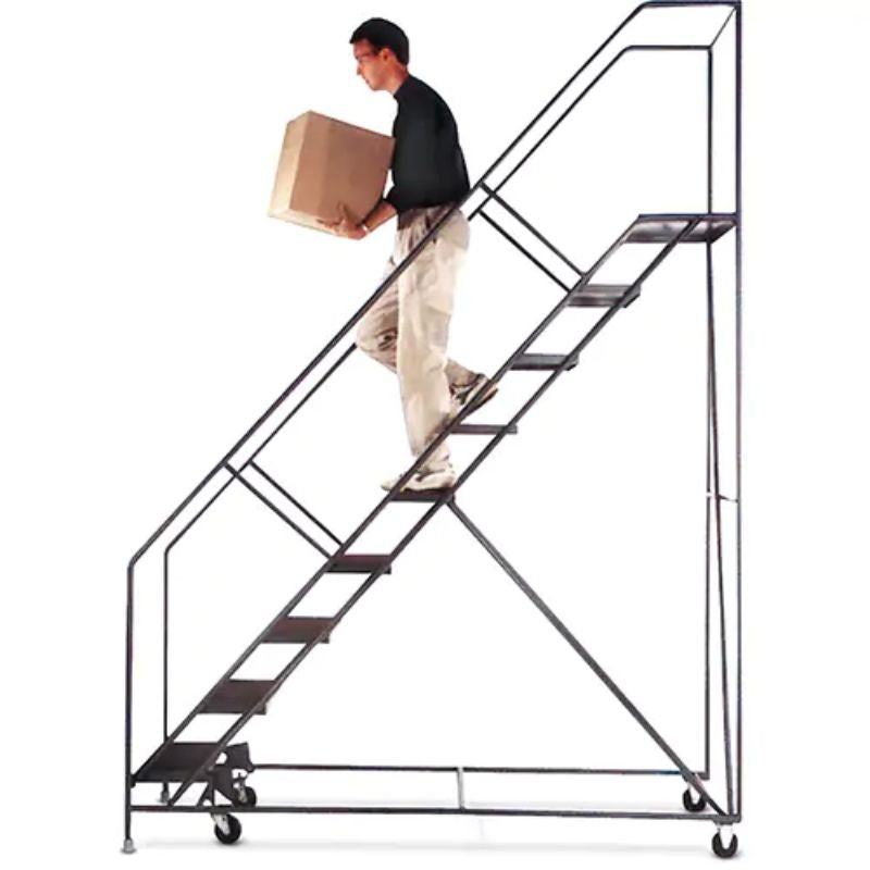 BallymoreSlopeRollingLadder_11Steps_Anti-Skid_50_Incline_110High - full view with a man with a box stepping down