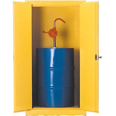 HerbertWilliamsDrumSafetyCabinets_55USgal.Cap._Yellow-Detailed storage open door with drum
