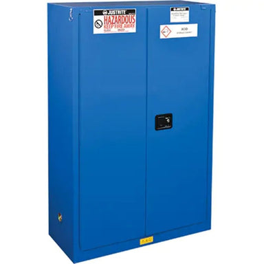 JustriteChemCorLinedHazardousMaterialSafetyCabinets_45gal._43x65x18-Detailed front view blue