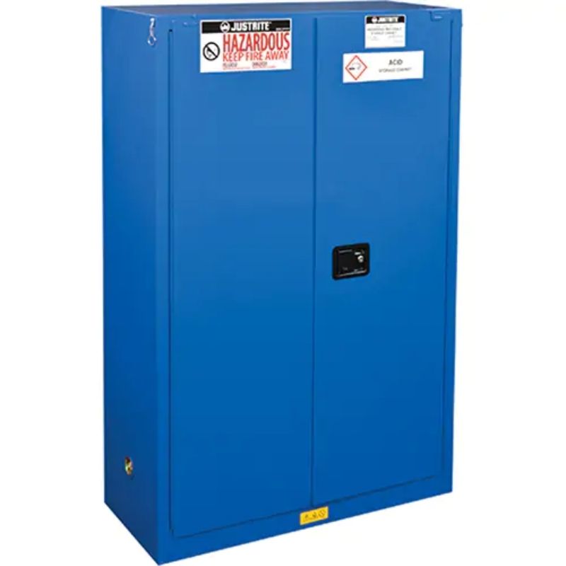 JustriteChemCorLinedHazardousMaterialSafetyCabinets_45gal._43x65x18-Detailed front view blue