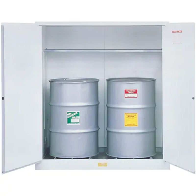 JustriteHazardousWasteSafetyCabinets_110USgal.Cap._2Drums_White-Detailed full view with 2 drums