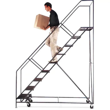 BallymoreSlopeRollingLadder_11Steps_Anti-Skid_50_Incline_110High - full view with a man with a box stepping down