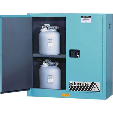 JustriteChemCorLinedAcidCorrosiveStorageCabinets_45gal._43x65x18-Detailed front view one open door cabinet