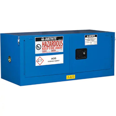 JustriteChemCorLinedHazardousMaterialPiggybackSafetyCabinets_12gal._43x18x18-Detailed front view blue