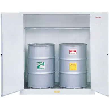 JustriteHazardousWasteSafetyCabinets_110USgal.Cap._2Drums_White-Detailed full view with 2 drums