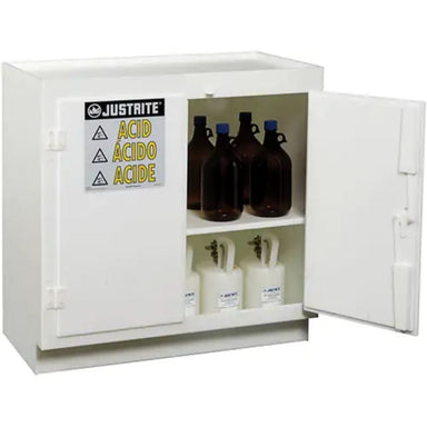 JustriteSolidPolyethyleneAcidCabinets_6x0.66043Gal._36x35.75x21.75 front view one door open 