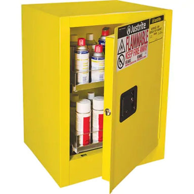 JustriteSure-GripEXBenchtopFlammableSafetyCabinet_24gal._1Door_21Wx27Hx18D- front view door open with aerosol containers