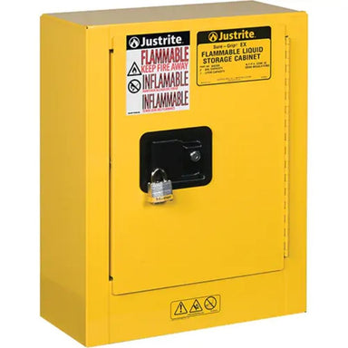 JustriteSure-GripEXMiniFlammableSafetyCabinet_2Gal._1Door_17Wx22Hx8D- Detailed, front view close door yellow