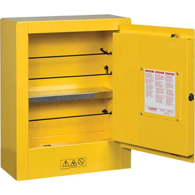 JustriteSure-GripEXMiniFlammableSafetyCabinet_2Gal._1Door_17Wx22Hx8D_1-new detailed, front view open door empty yellow