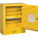 JustriteSure-GripEXMiniFlammableSafetyCabinet_2Gal._1Door_17Wx22Hx8D_1-new detailed, front view open door empty yellow