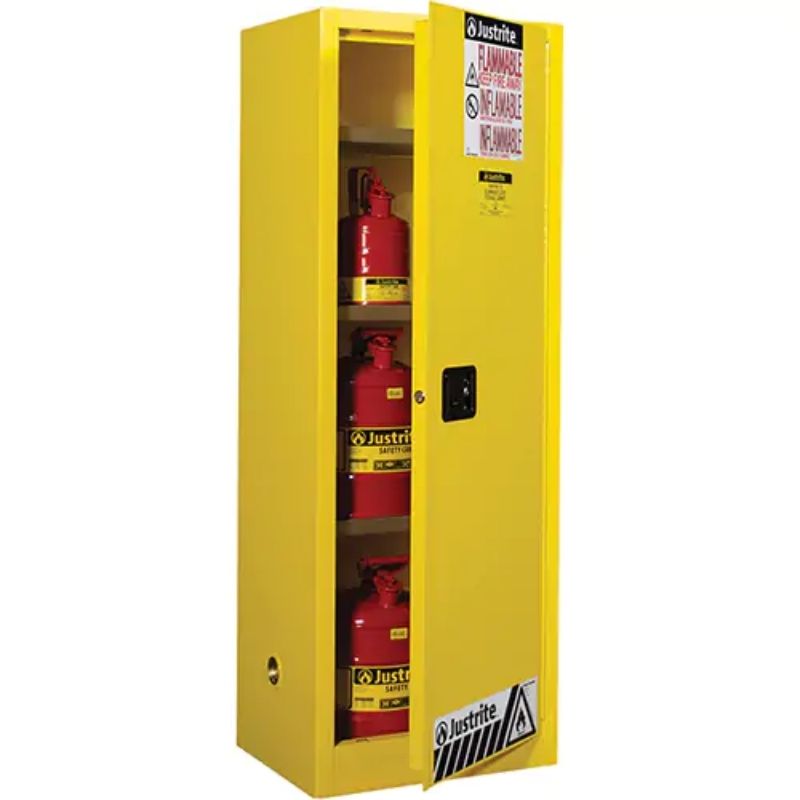 JustriteSure-GripEXSlimlineFlammableSafetyCabinet_22gal._1Door_23.25Wx65Hx18D_2 - Detailed, barely open door view