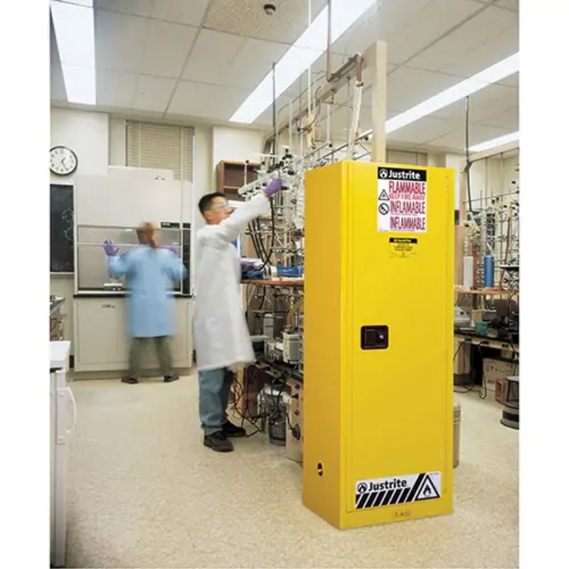 JustriteSure-GripEXSlimlineFlammableSafetyCabinet_22gal._1Door_23.25Wx65Hx18D_4-Cabinet installed in a laboratory
