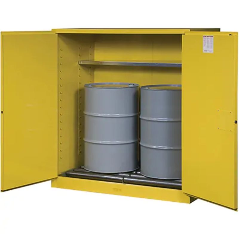 JustriteSure-GripEXVerticalDrumStorageCabinets_110USgal.Cap._2Drums_Yellow_2-Detailed cabinet door open with 2 drums