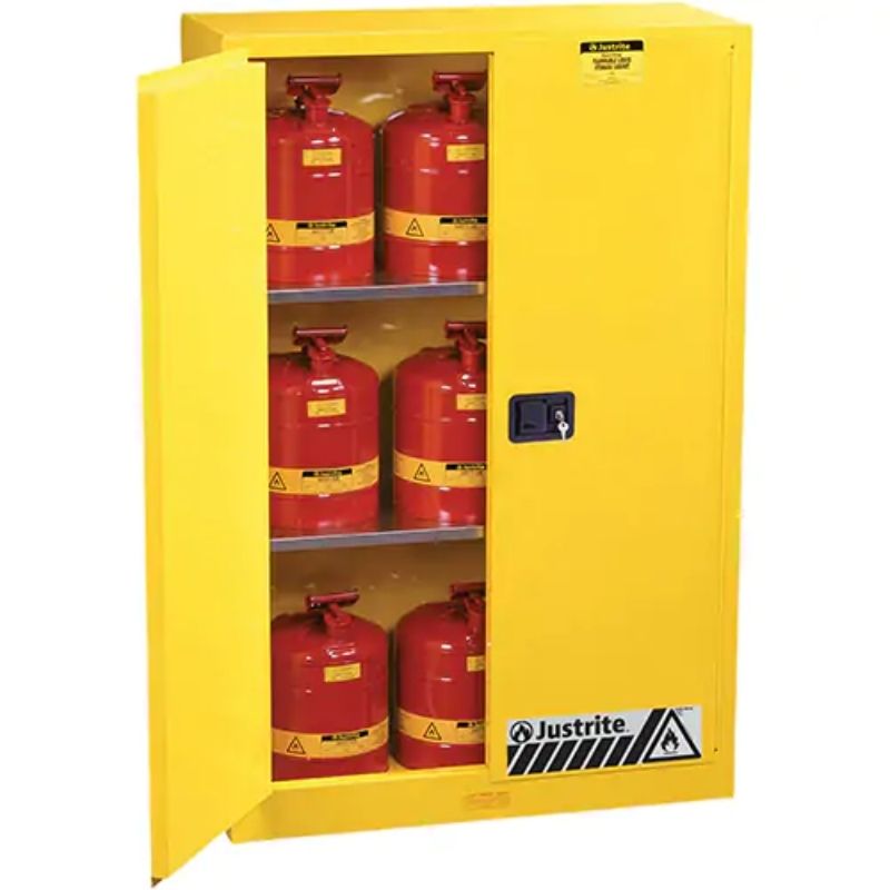 JustriteSure-GripExFlammableStorageCabinets_45gal._2Door_43Wx65Hx18D-Detailed, full view open door with tanks inside