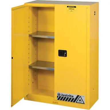 JustriteSure-GripExFlammableStorageCabinets_45gal._2Door_43Wx65Hx18D_3-Detailed, full view open door cabinet empty