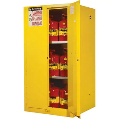 JustriteSure-GripExFlammableStorageCabinets_60gal._2Door_34Wx65Hx34D_1- open door with flammable tanks inside , front view