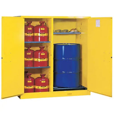 JustriteSure-Grip_EXDouble-DutySafetyCabinets_115USgal.Cap._13Drums_Yellow- Detailed front view open cabinet with drums