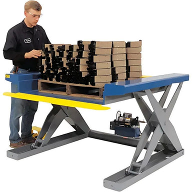 SouthworthHydraulicFloor-HeightScissorLiftTables_Steel_2000lbs.Capacity-man actively working with LIft Table
