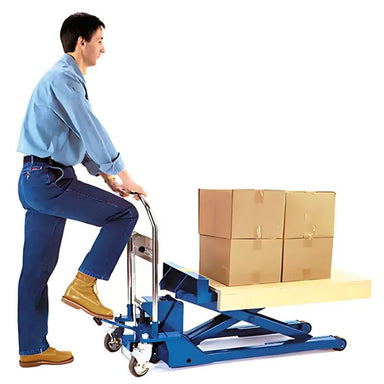 SouthworthLowProfileDandyLift_ScissorLiftTable_37-110Lx19-710W_Steel_1100lbs.Capacity-man actively working with Lift Table