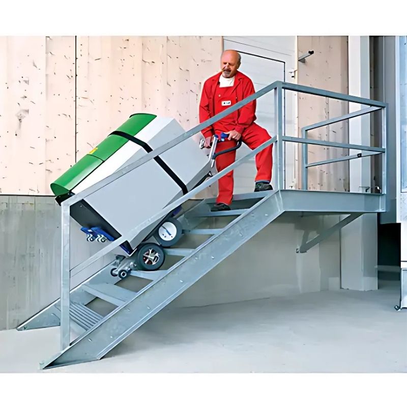 WescoHeavy-DutyAluminumStairClimbingHandTrucks_SteelFrame_21Wx63H_725lbs.Capacity_2-  man on the ladder with the hand truck loaded